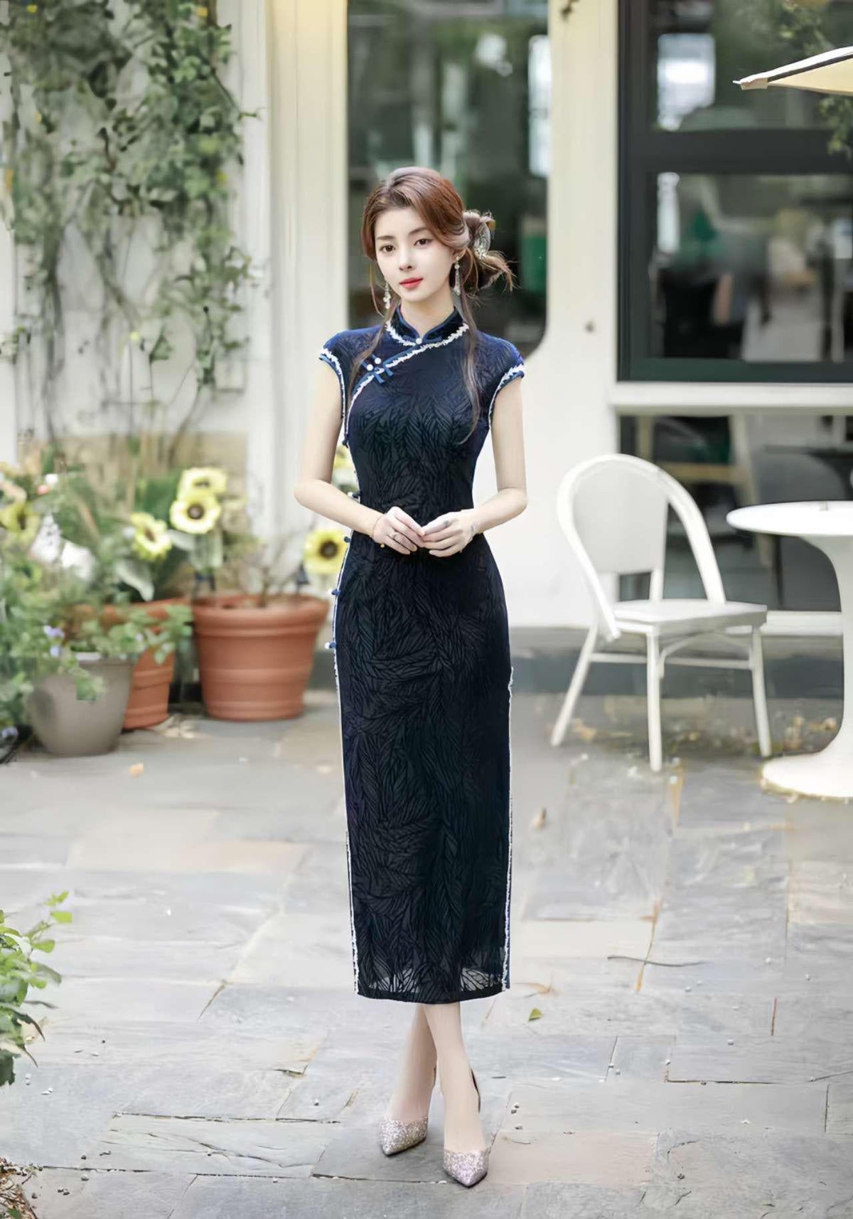 Women's Blue Vintage Velvet Qipao Cheongsam Dress – additional product view