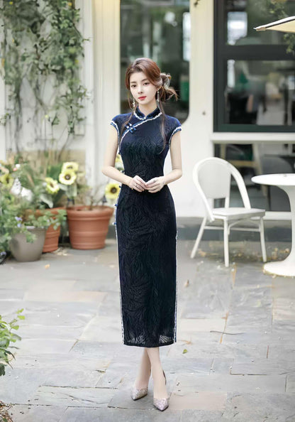 Women's Blue Vintage Velvet Qipao Cheongsam Dress – additional product view