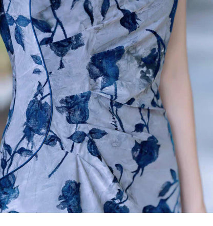 Women's Blue Floral Qipao Cheongsam Dress – additional product view