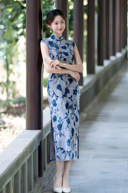 Women's Blue Floral Qipao Cheongsam Dress – additional product view
