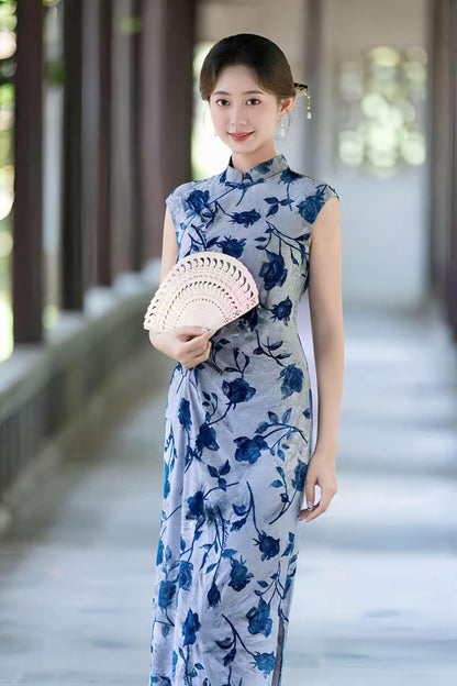 Women's Blue Floral Qipao Cheongsam Dress – additional product view