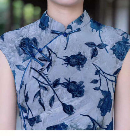 Women's Blue Floral Qipao Cheongsam Dress – additional product view