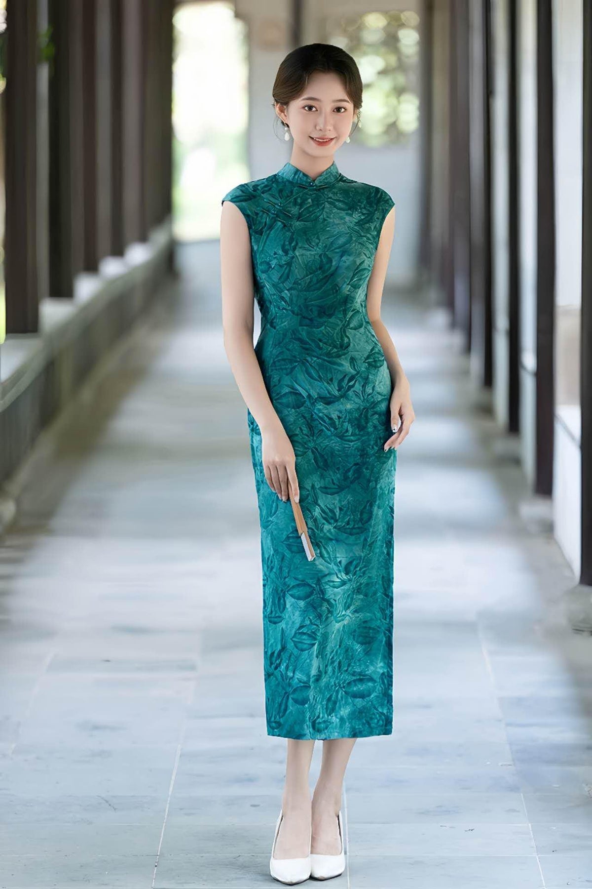 Women's Blue Floral Qipao Cheongsam Dress – additional product view