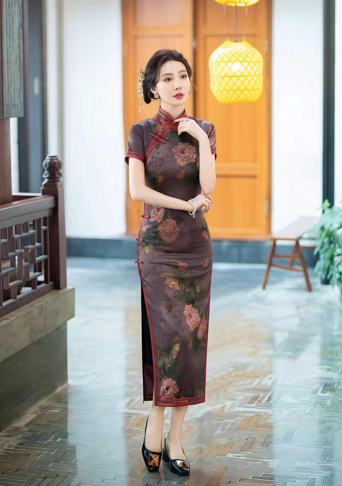Women's Green Floral Brocade Qipao Cheongsam Dress – additional product view
