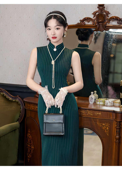 Women's Green Vintage Qipao Cheongsam Dress – Silk Striped Sleeveless – additional product view