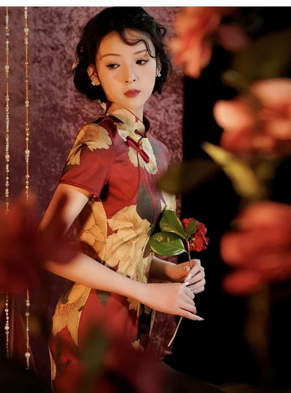 Women's Red Floral Qipao Cheongsam Dress – Jacquard Peony – additional product view