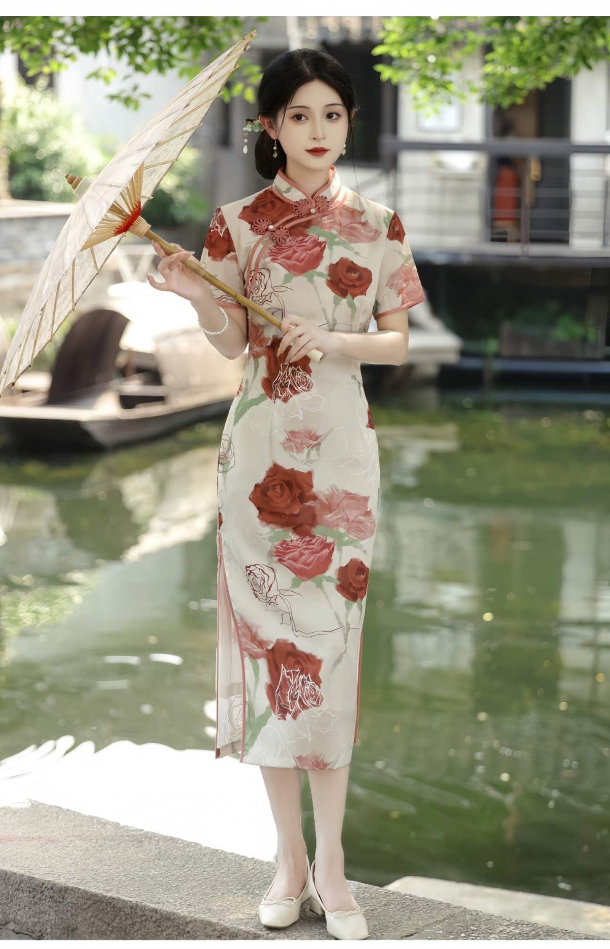 Women's Pink Floral Brocade Qipao Cheongsam Dress – additional product view