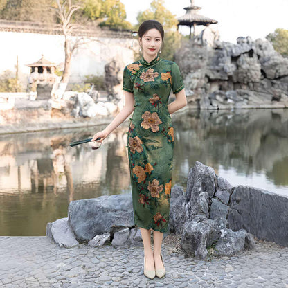 Green Floral Silk Qipao Dress – additional product view