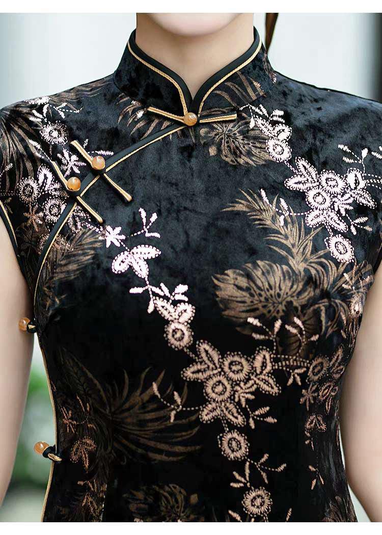 Women's Black Floral Velvet Qipao Cheongsam Dress – Floral Embroidery – additional product view