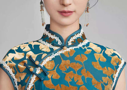 Women's Green Floral Velvet Qipao Cheongsam Dress – Embroidered – additional product view