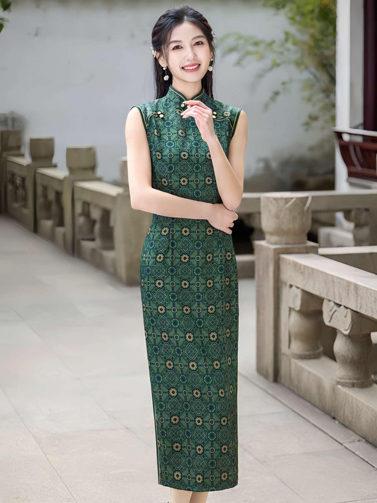 Women's Green Vintage Qipao Cheongsam Dress – Brocade Printed – additional product view