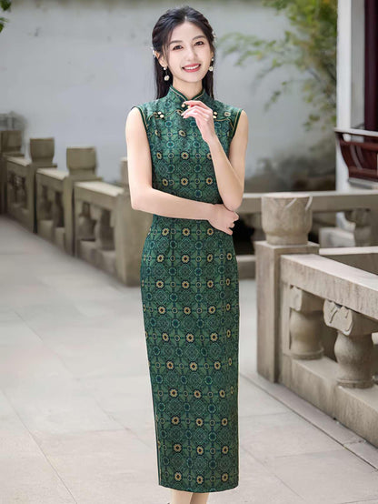 Women's Green Vintage Qipao Cheongsam Dress – Brocade Printed – additional product view