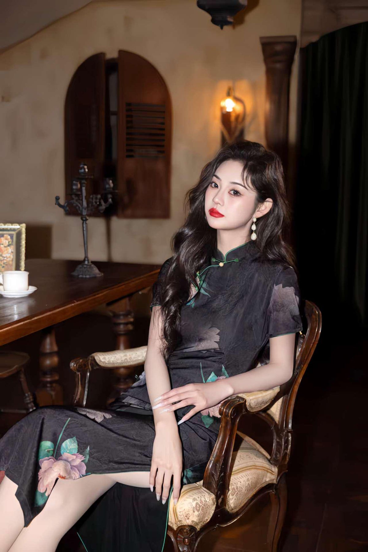 Women's Black Floral Qipao Cheongsam Dress – Satin – additional product view