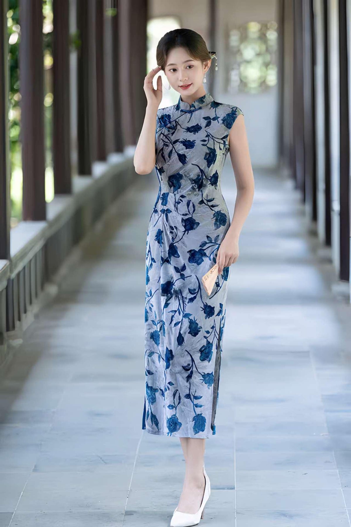 Women's Blue Floral Qipao Cheongsam Dress – additional product view