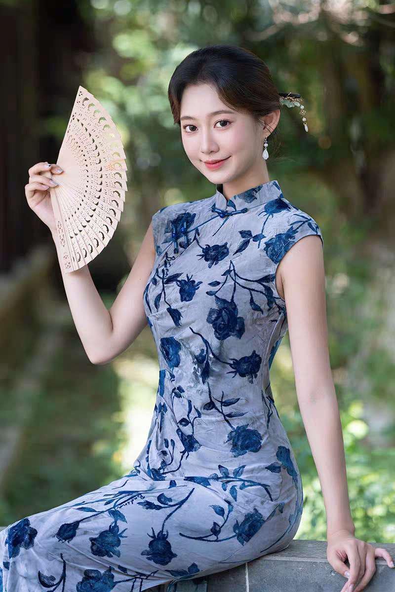 Women's Blue Floral Qipao Cheongsam Dress – additional product view