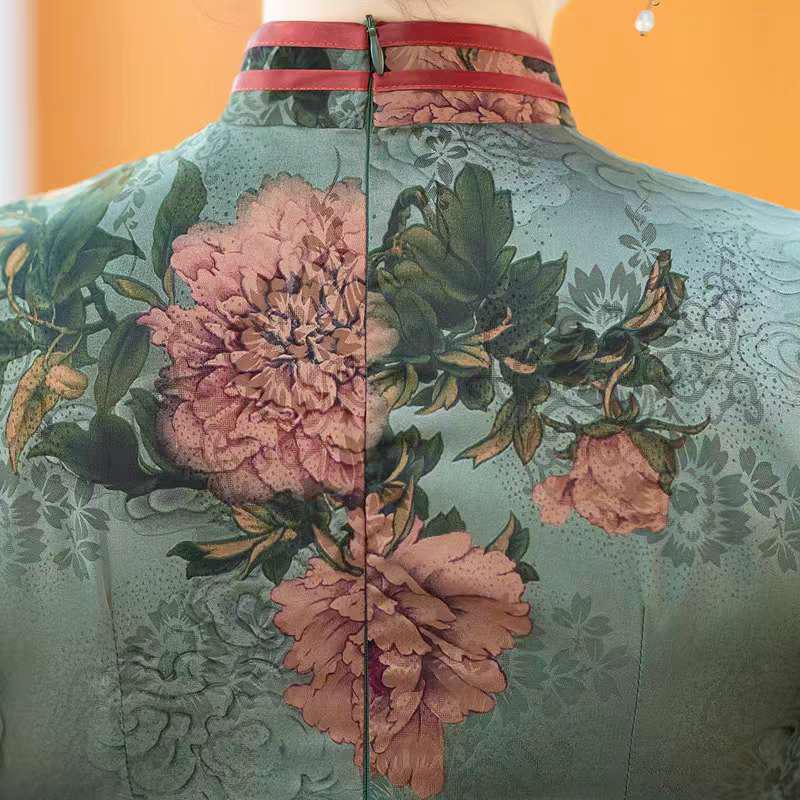 Women's Green Floral Brocade Qipao Cheongsam Dress – additional product view