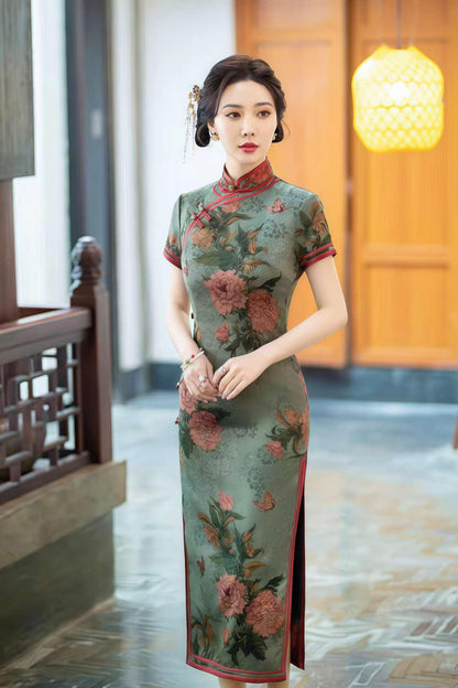 Women's Green Floral Brocade Qipao Cheongsam Dress – additional product view