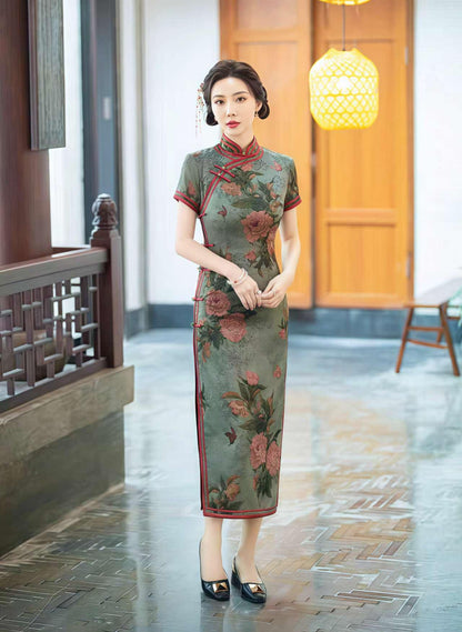 Women's Green Floral Brocade Qipao Cheongsam Dress – additional product view