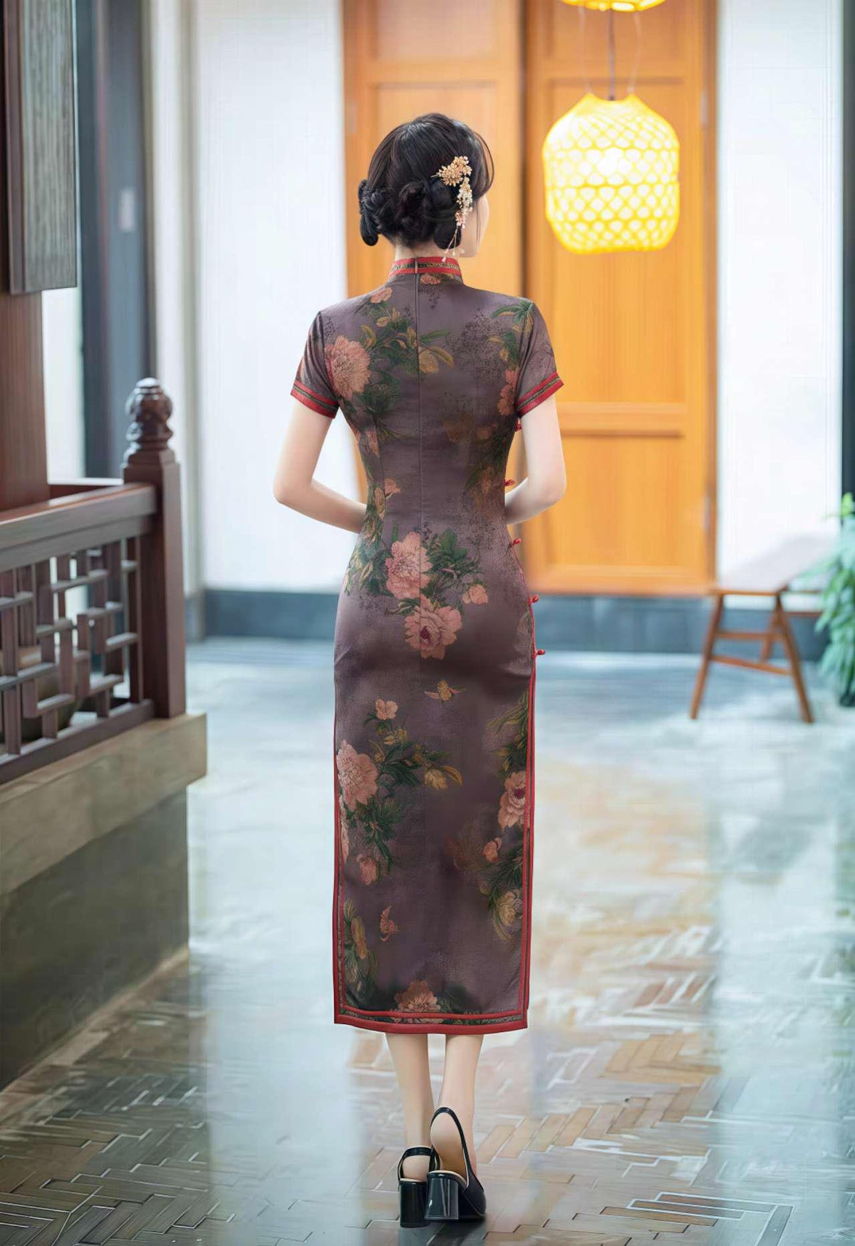 Women's Green Floral Brocade Qipao Cheongsam Dress – additional product view
