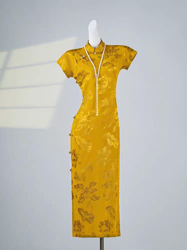 Women's Gold Floral Qipao Cheongsam Dress – additional product view