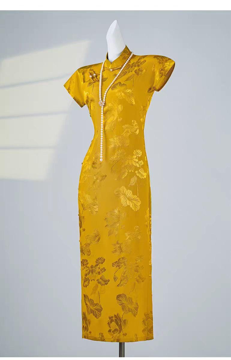 Women's Gold Floral Qipao Cheongsam Dress – additional product view