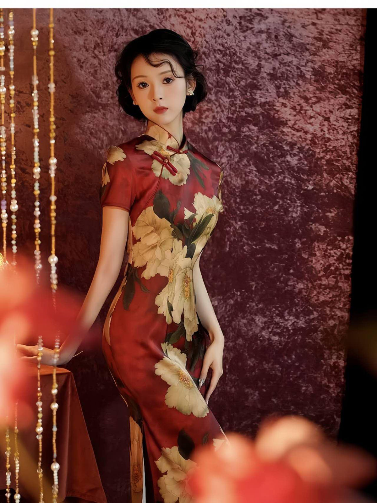 Women's Red Floral Qipao Cheongsam Dress – Jacquard Peony – additional product view