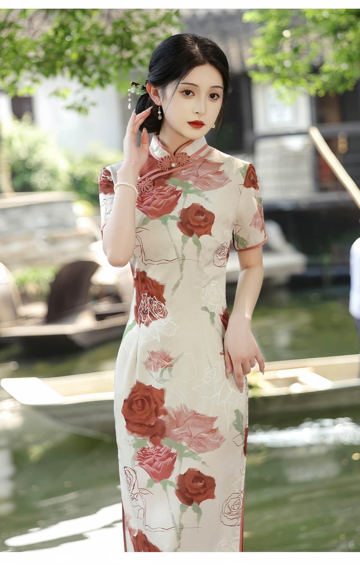 Women's Pink Floral Brocade Qipao Cheongsam Dress – additional product view
