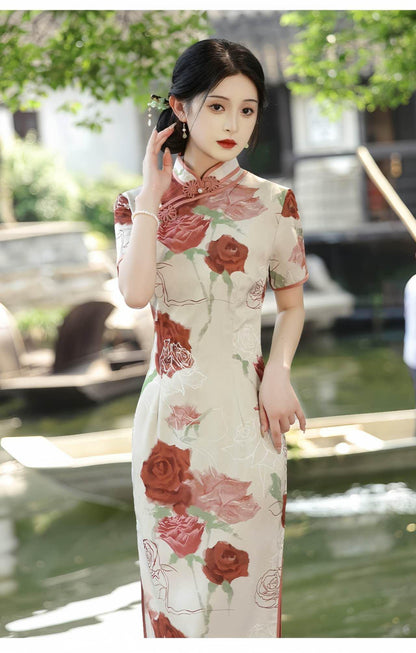 Women's Pink Floral Brocade Qipao Cheongsam Dress – additional product view