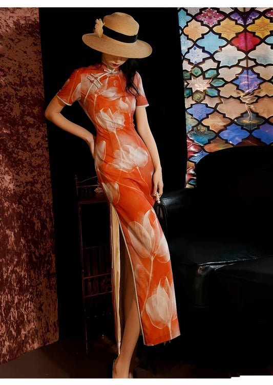 Women's Red Floral Mesh Qipao Cheongsam Dress