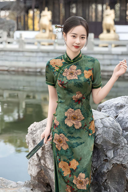 Green Floral Silk Qipao Dress
