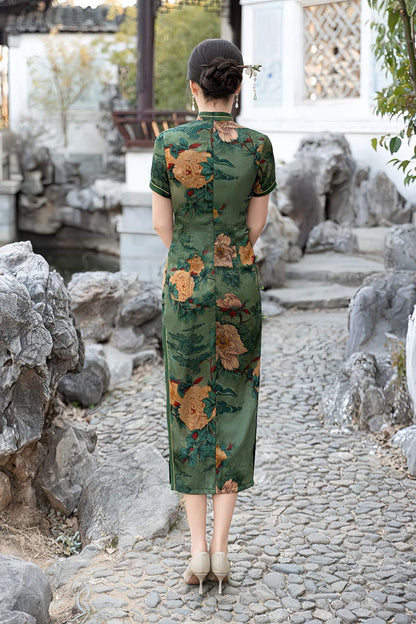 Green Floral Silk Qipao Dress – additional product view