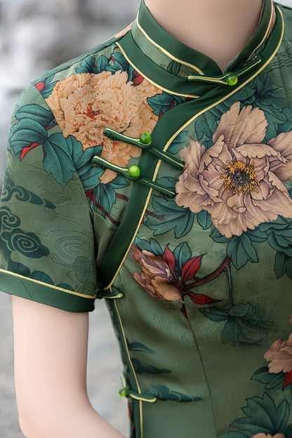 Green Floral Silk Qipao Dress – additional product view