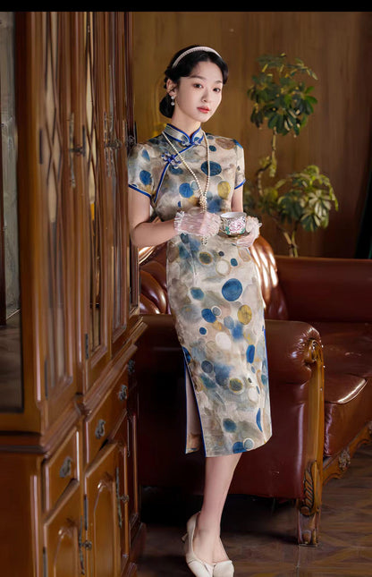 Women's Vintage Qipao Cheongsam Dress – Jacquard Polka Dot