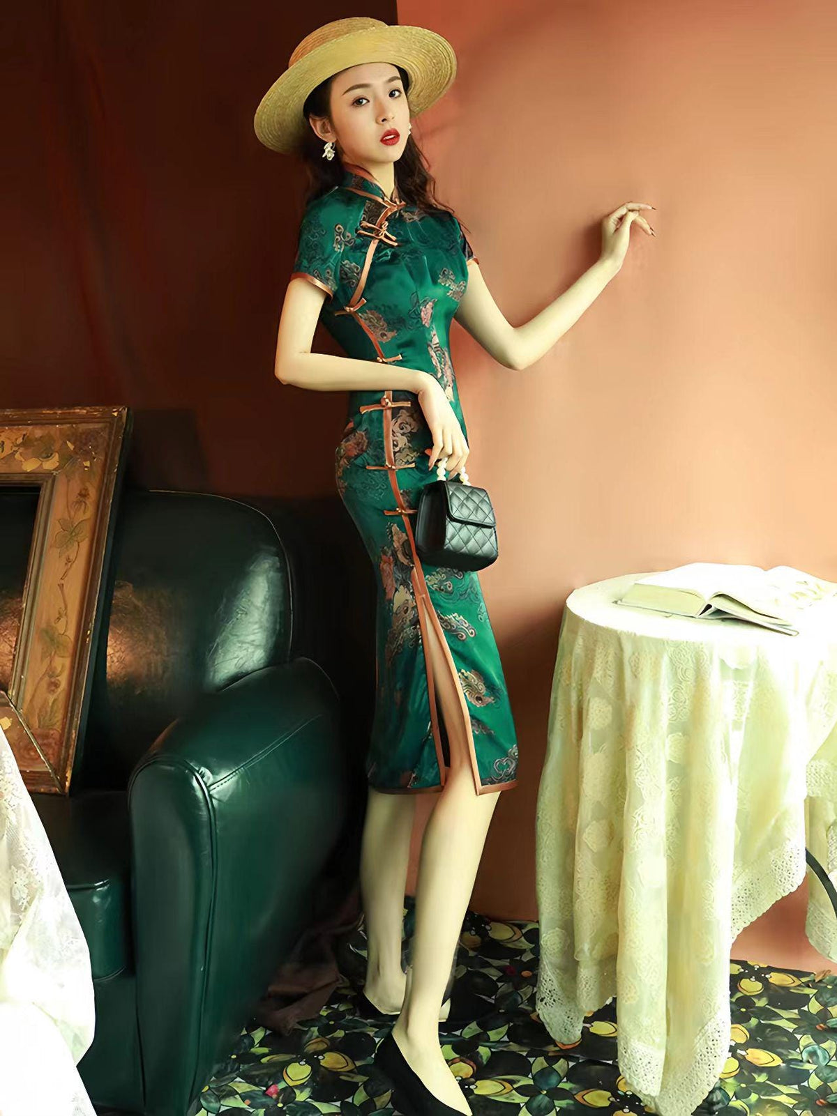 Women's Green Floral Brocade Qipao Cheongsam Dress – additional product view
