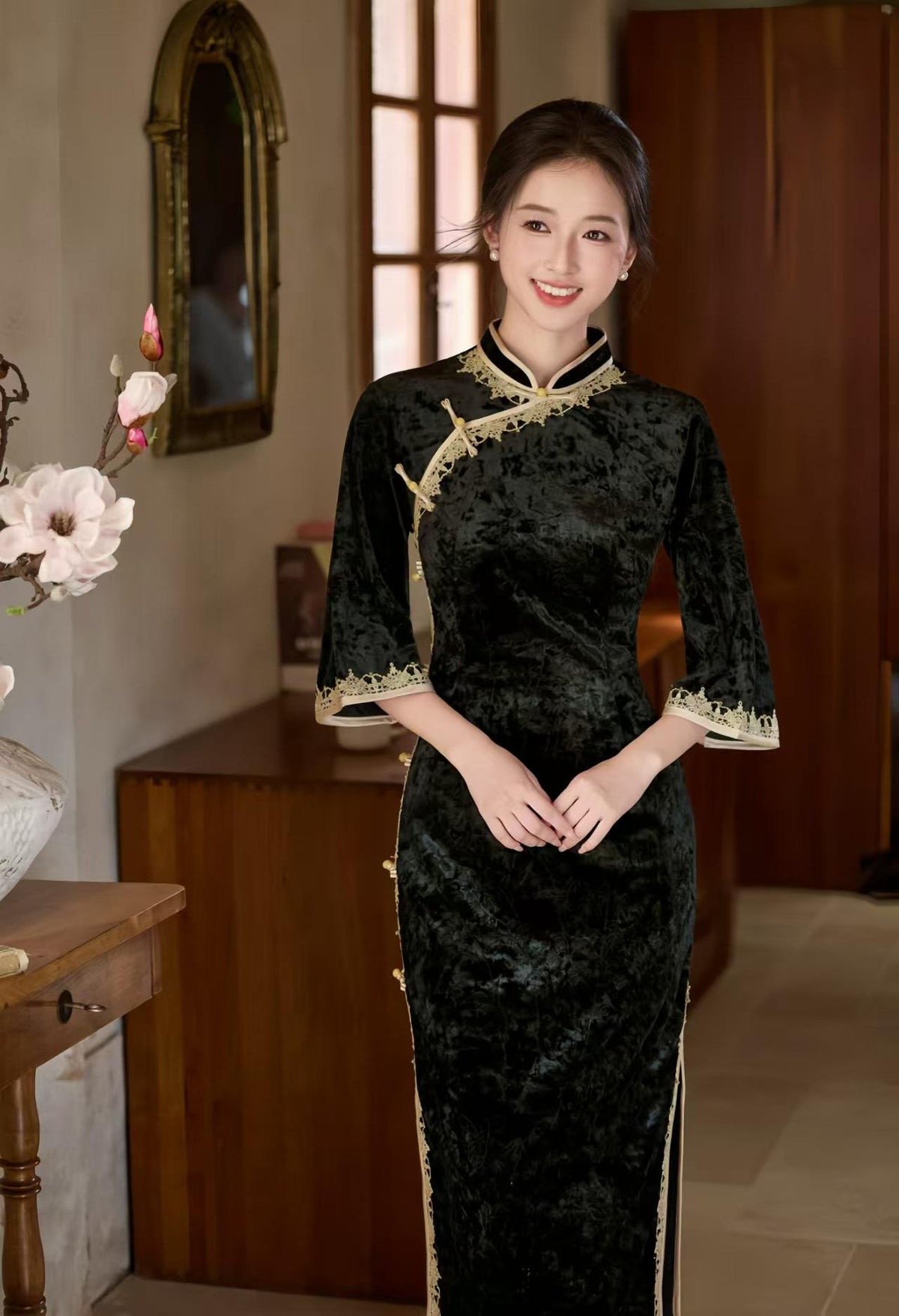 Women's Black Floral Velvet Qipao Cheongsam Dress – Embossed – additional product view