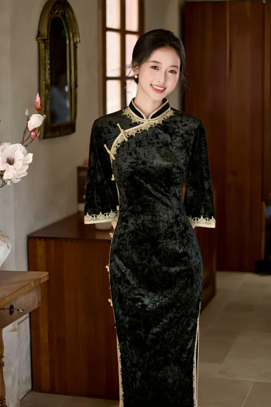 Women's Black Floral Velvet Qipao Cheongsam Dress – Embossed