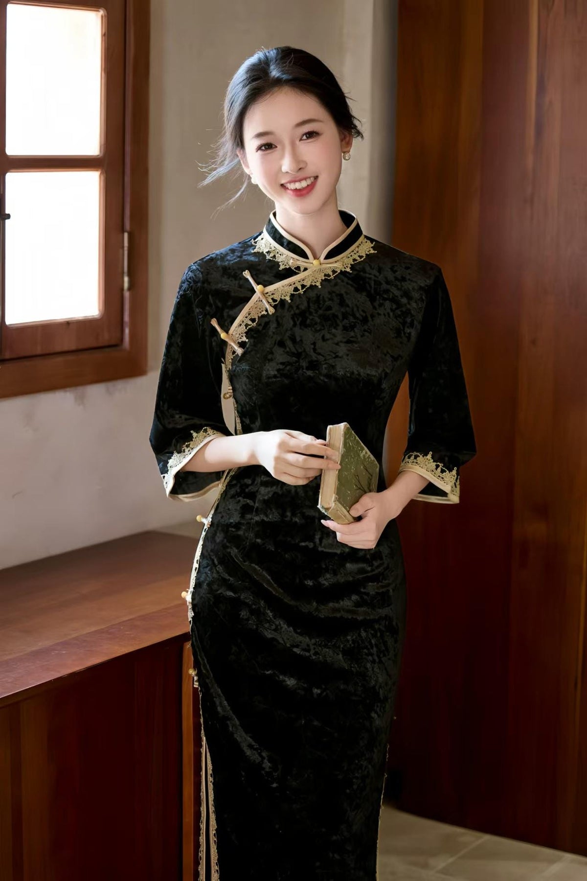 Women's Black Floral Velvet Qipao Cheongsam Dress – Embossed – additional product view