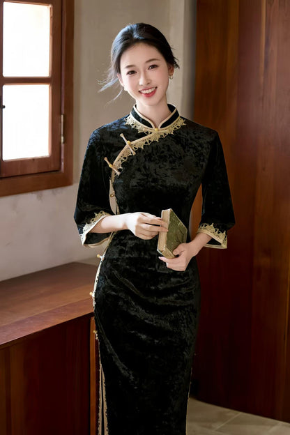 Women's Black Floral Velvet Qipao Cheongsam Dress – Embossed – additional product view