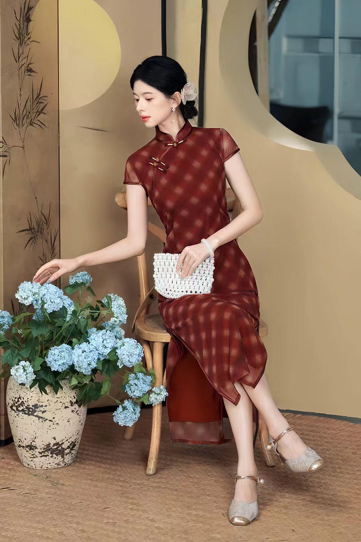 Women's Red Vintage Mesh Qipao Cheongsam Dress – additional product view