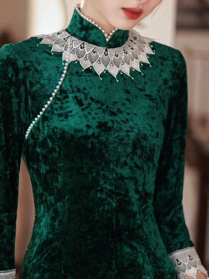 Women's Green Vintage Velvet Qipao Cheongsam Dress – Maxi – additional product view