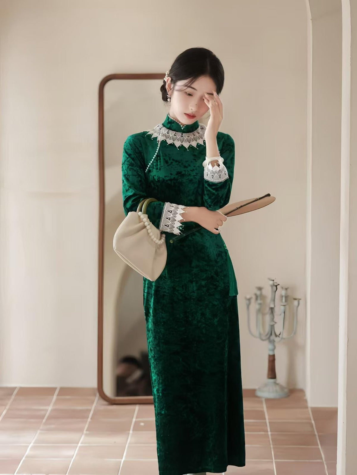 Women's Green Vintage Velvet Qipao Cheongsam Dress – Maxi – additional product view