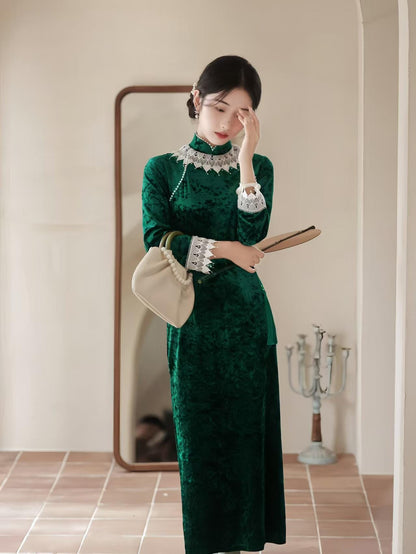 Women's Green Vintage Velvet Qipao Cheongsam Dress – Maxi – additional product view
