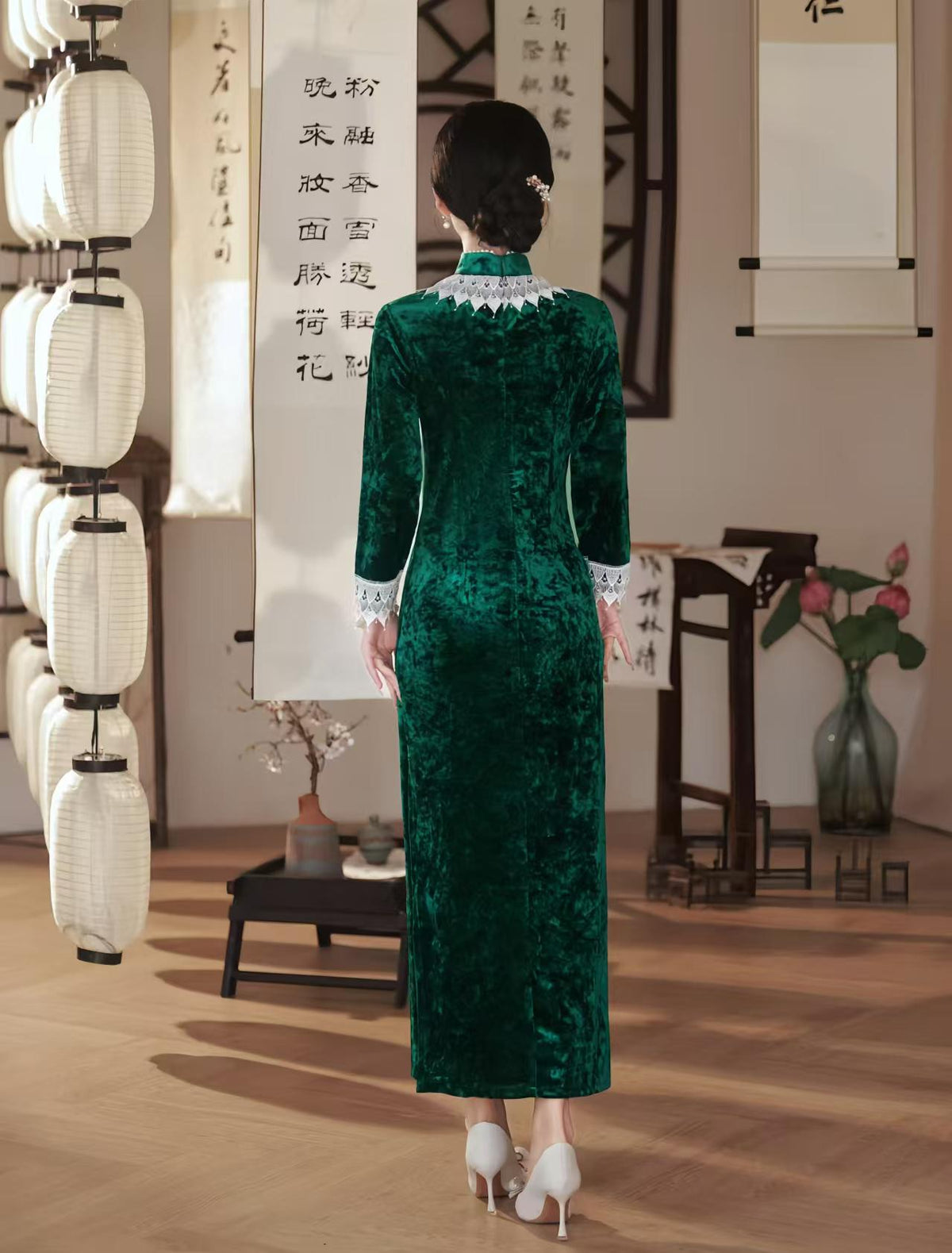 Women's Green Vintage Velvet Qipao Cheongsam Dress – Maxi – additional product view