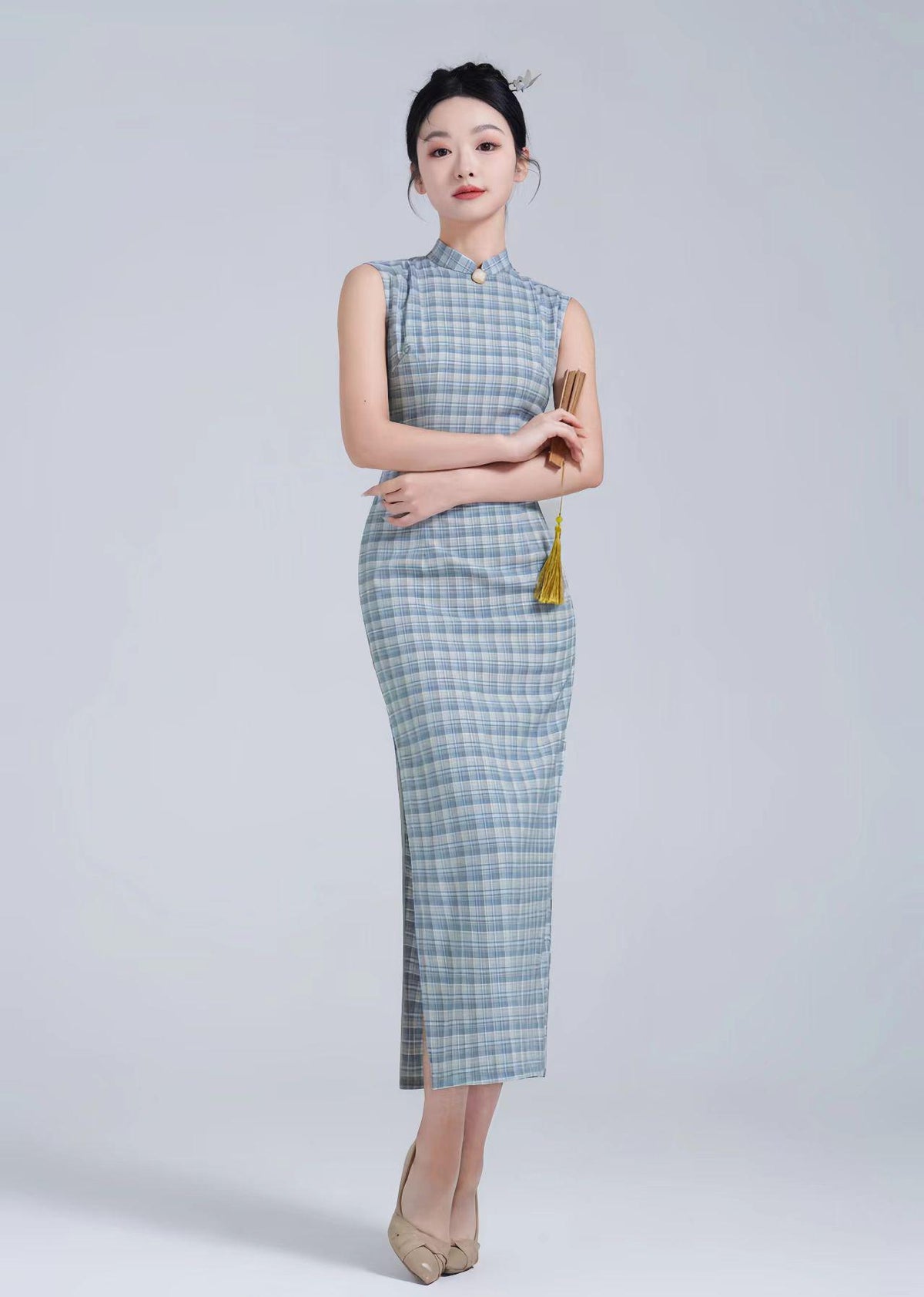 Women's Vintage Modern Chinese Two-Piece Set – Cotton Striped Maxi – additional product view
