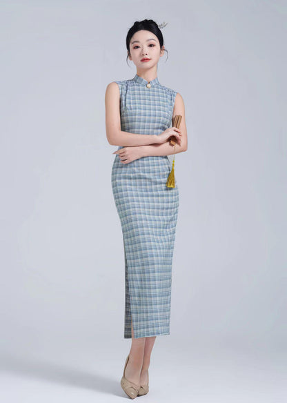 Women's Vintage Modern Chinese Two-Piece Set – Cotton Striped Maxi – additional product view