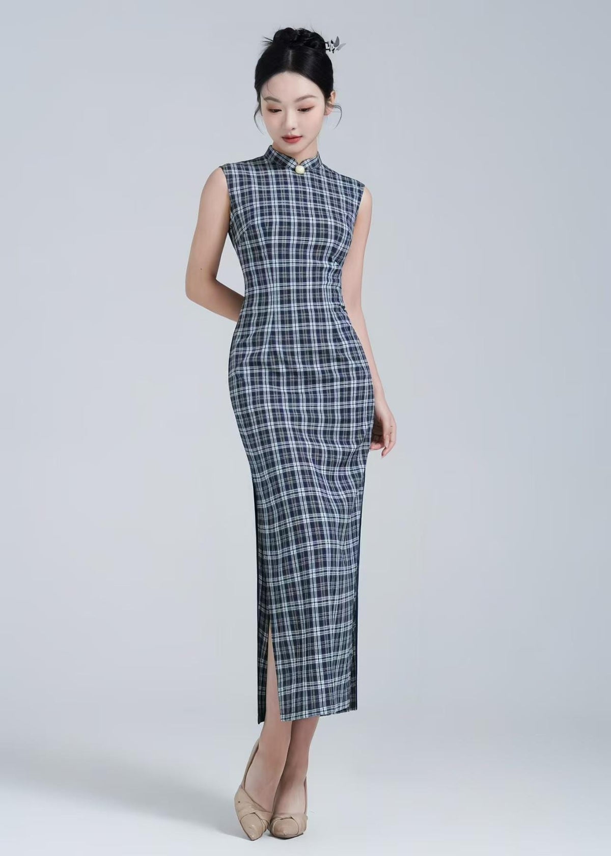 Women's Vintage Modern Chinese Two-Piece Set – Cotton Striped Maxi