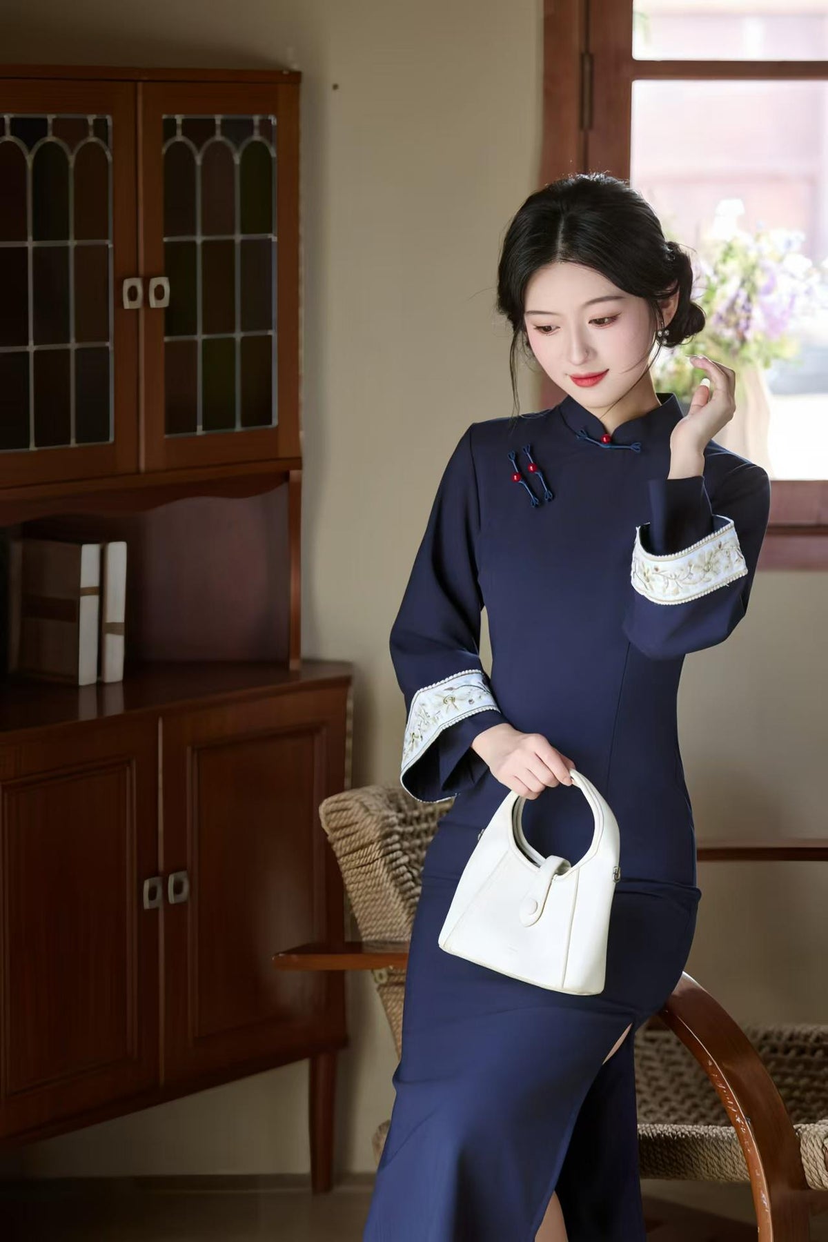 Women's Blue Elegant Modern Chinese Two-Piece Set – Linen Long Sleeve Midi – additional product view