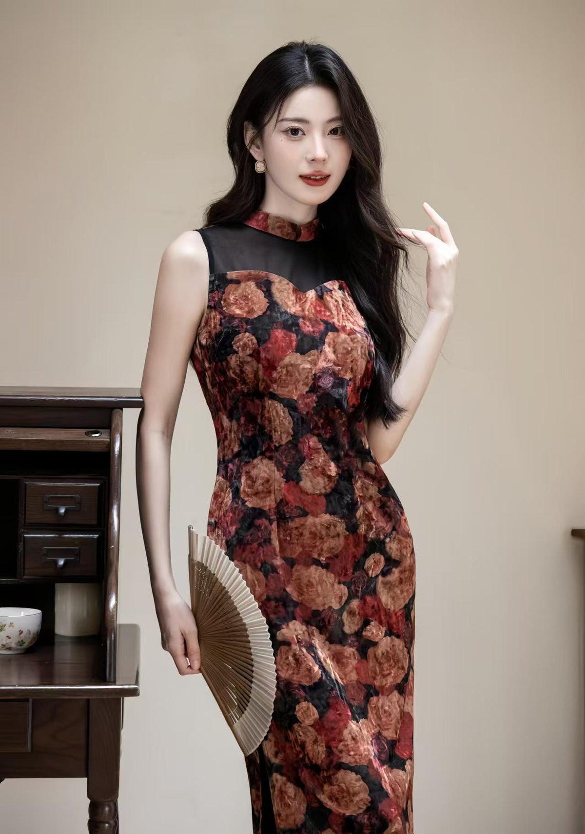 Women's Floral Velvet Qipao Cheongsam Dress – Sleeveless Midi Fall Winter – additional product view