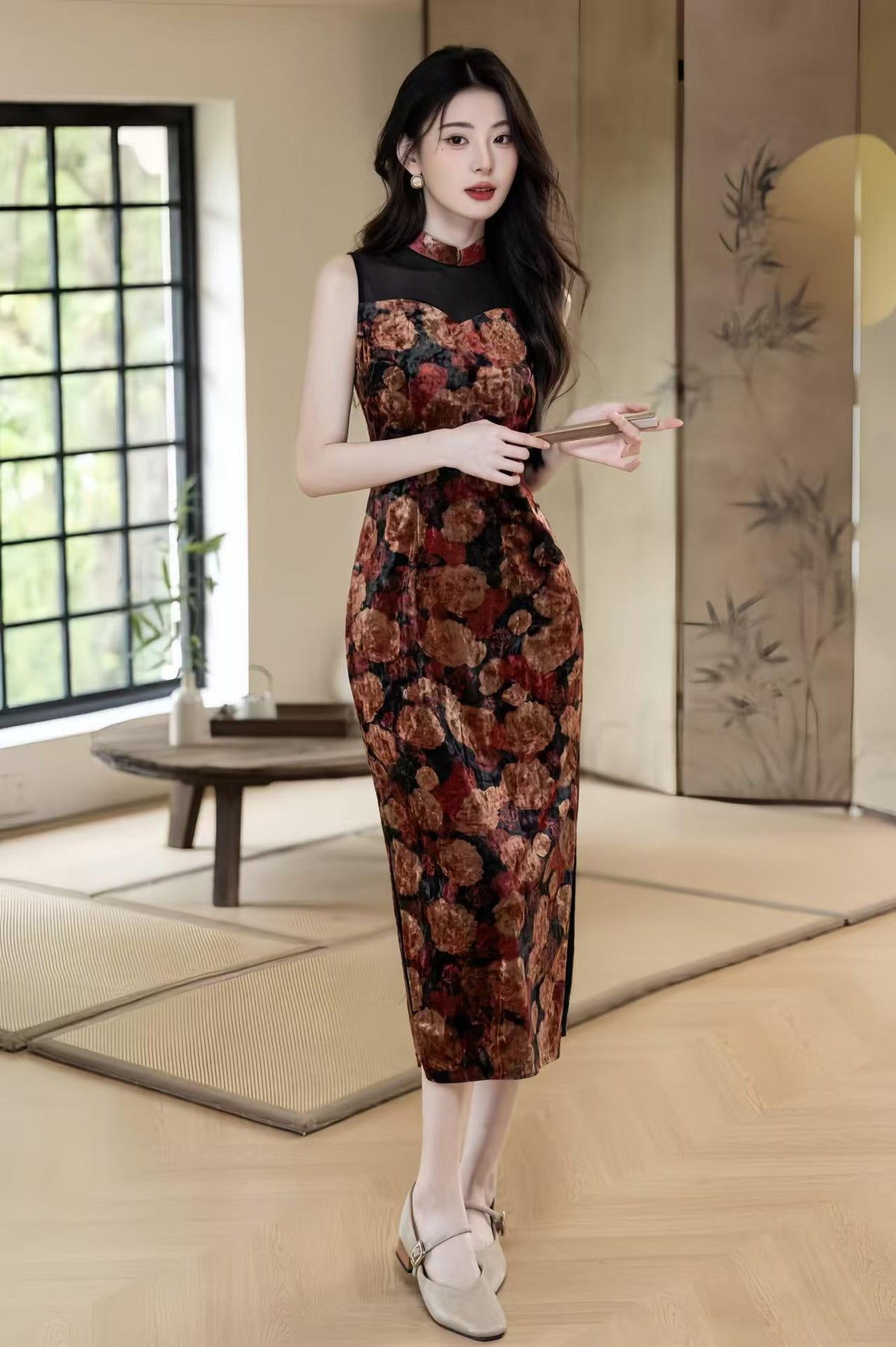 Women's Floral Velvet Qipao Cheongsam Dress – Sleeveless Midi Fall Winter