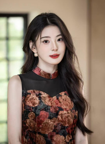 Women's Floral Velvet Qipao Cheongsam Dress – Sleeveless Midi Fall Winter – additional product view
